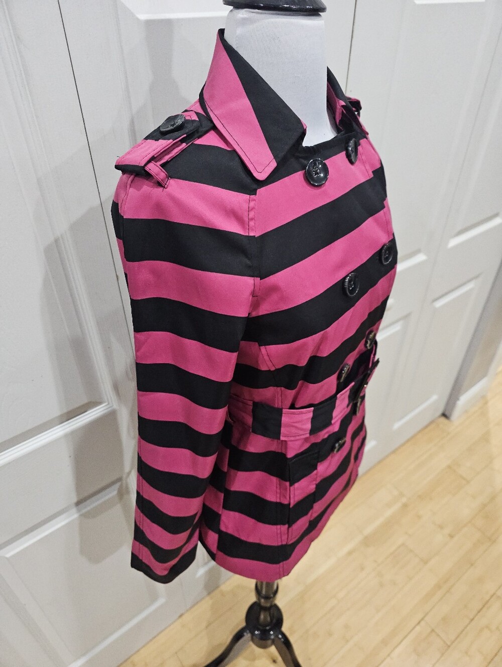 Cynthia Rowley Black Pink Striped Double Bressted Button Rain Jacket Coat Trench - Picture 13 of 16